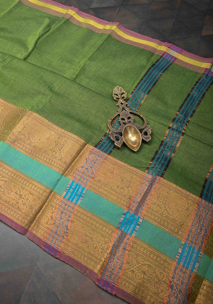 Oilve green Kanchi Cotton Saree with contrast zari border , No Blouse piece