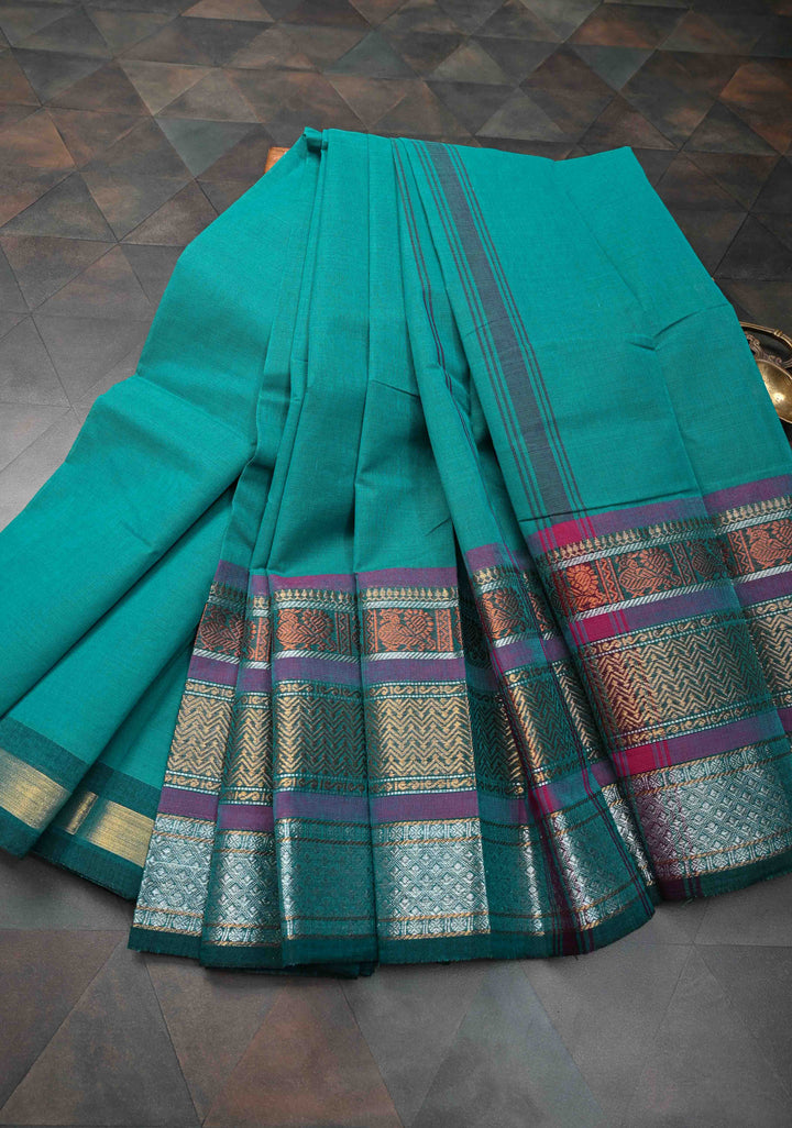 Teal Blue Kanchi Cotton Saree with Contrast Zari Border | No Blouse piece