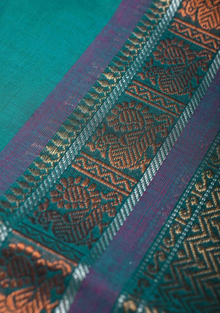 Teal Blue Kanchi Cotton Saree with Contrast Zari Border | No Blouse piece