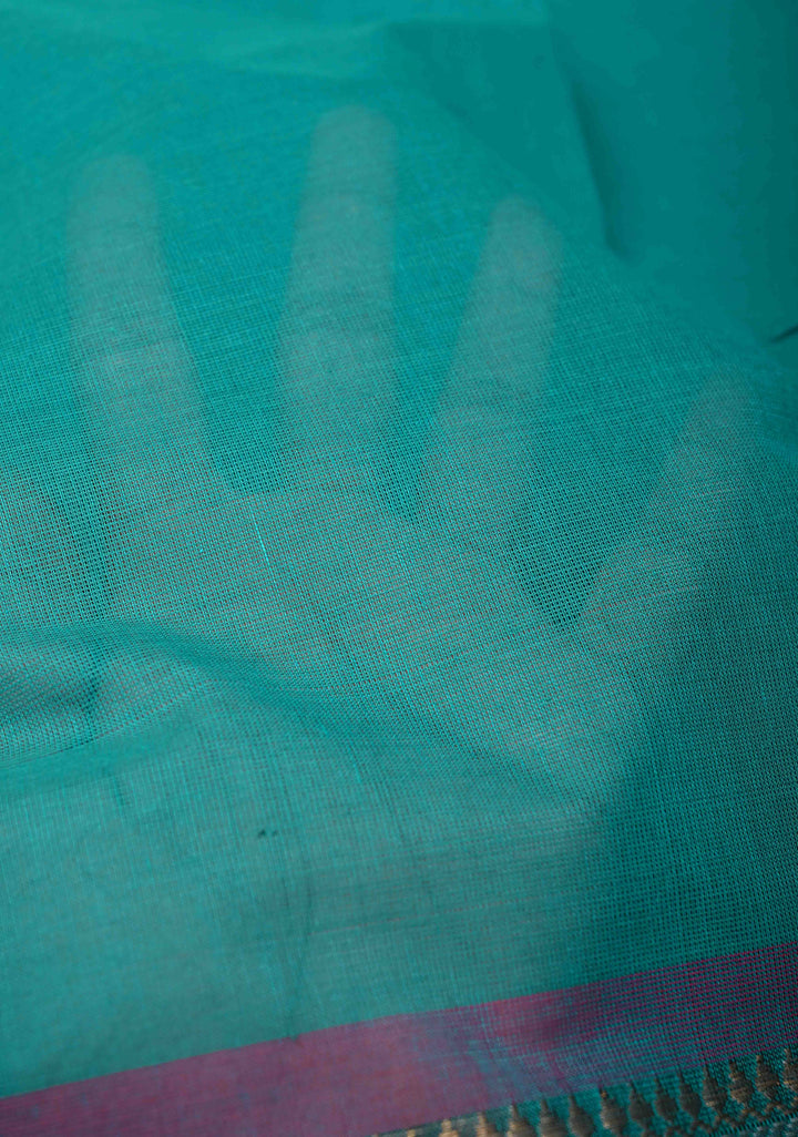 Teal Blue Kanchi Cotton Saree with Contrast Zari Border | No Blouse piece
