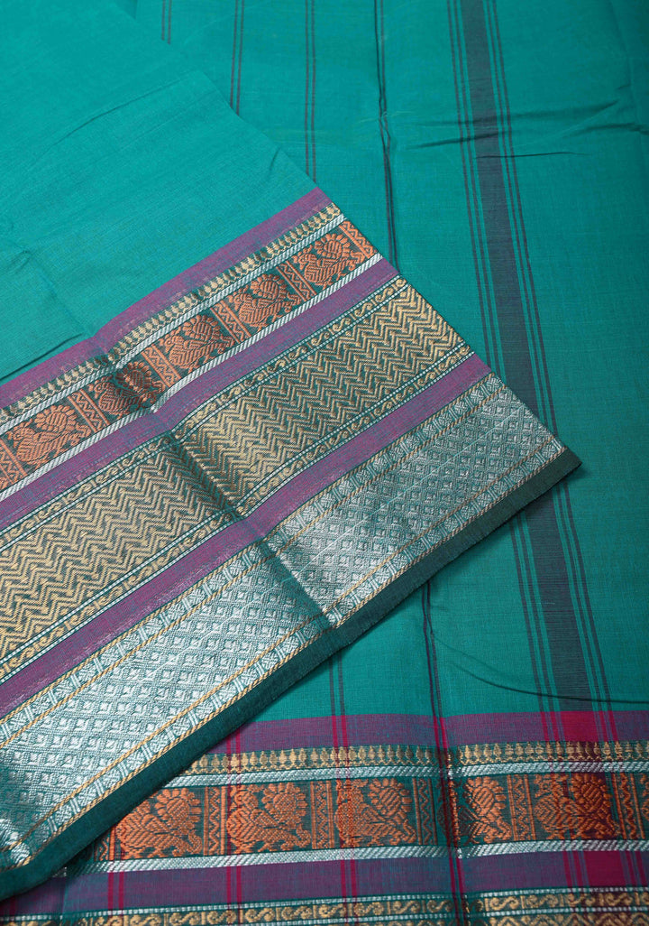 Teal Blue Kanchi Cotton Saree with Contrast Zari Border | No Blouse piece