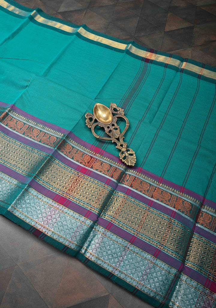 Teal Blue Kanchi Cotton Saree with Contrast Zari Border | No Blouse piece