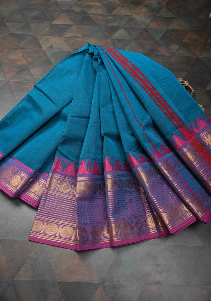 Teal Blue Kanchi Cotton Saree with Contrast Zari Border | No Blouse piece