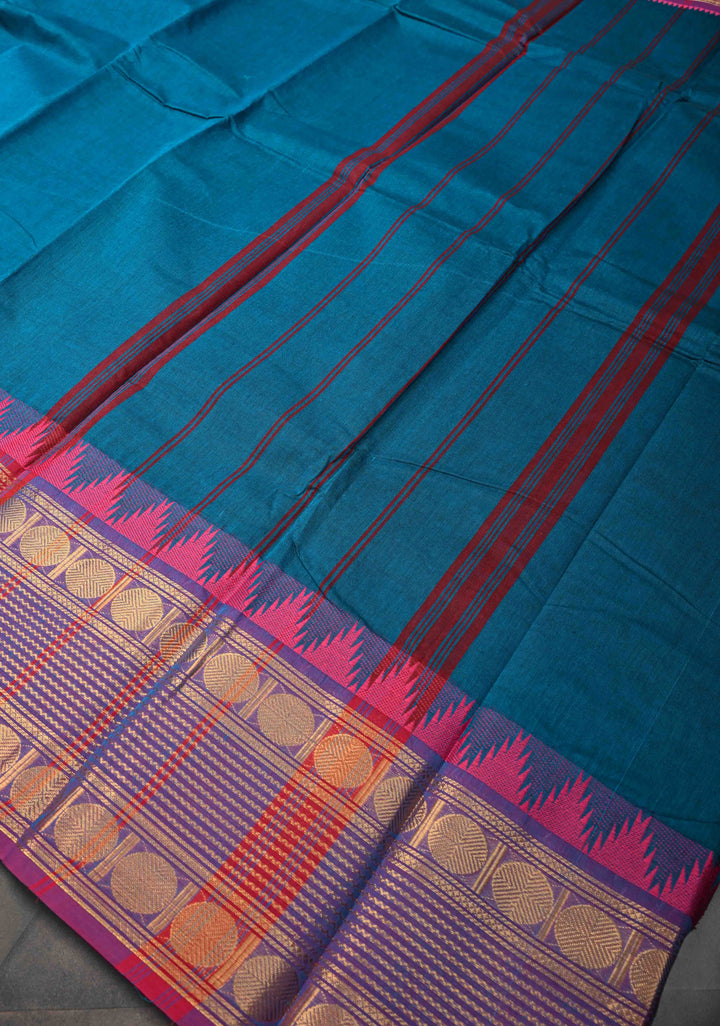 Teal Blue Kanchi Cotton Saree with Contrast Zari Border | No Blouse piece