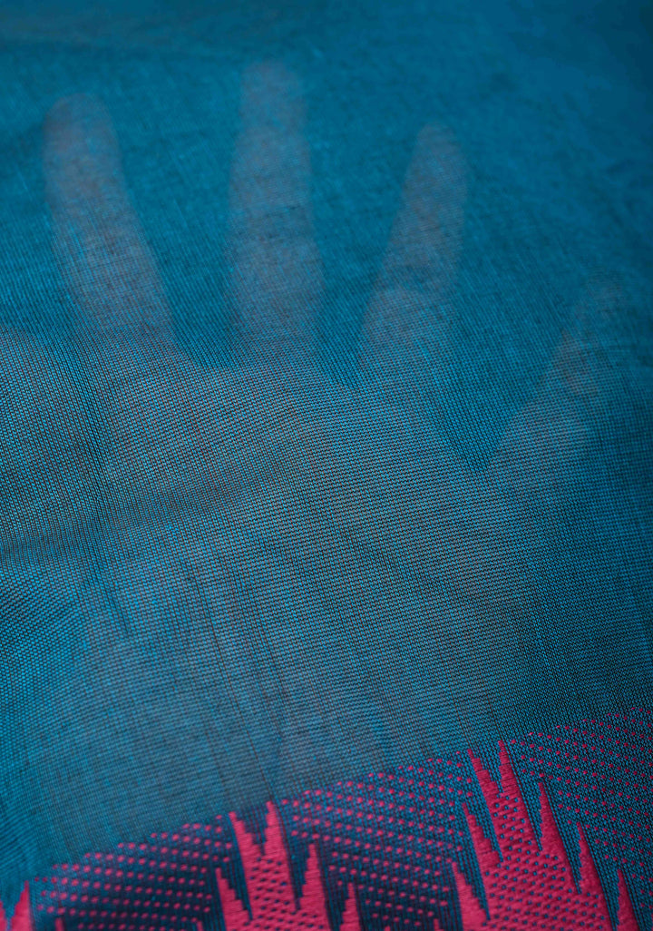 Teal Blue Kanchi Cotton Saree with Contrast Zari Border | No Blouse piece