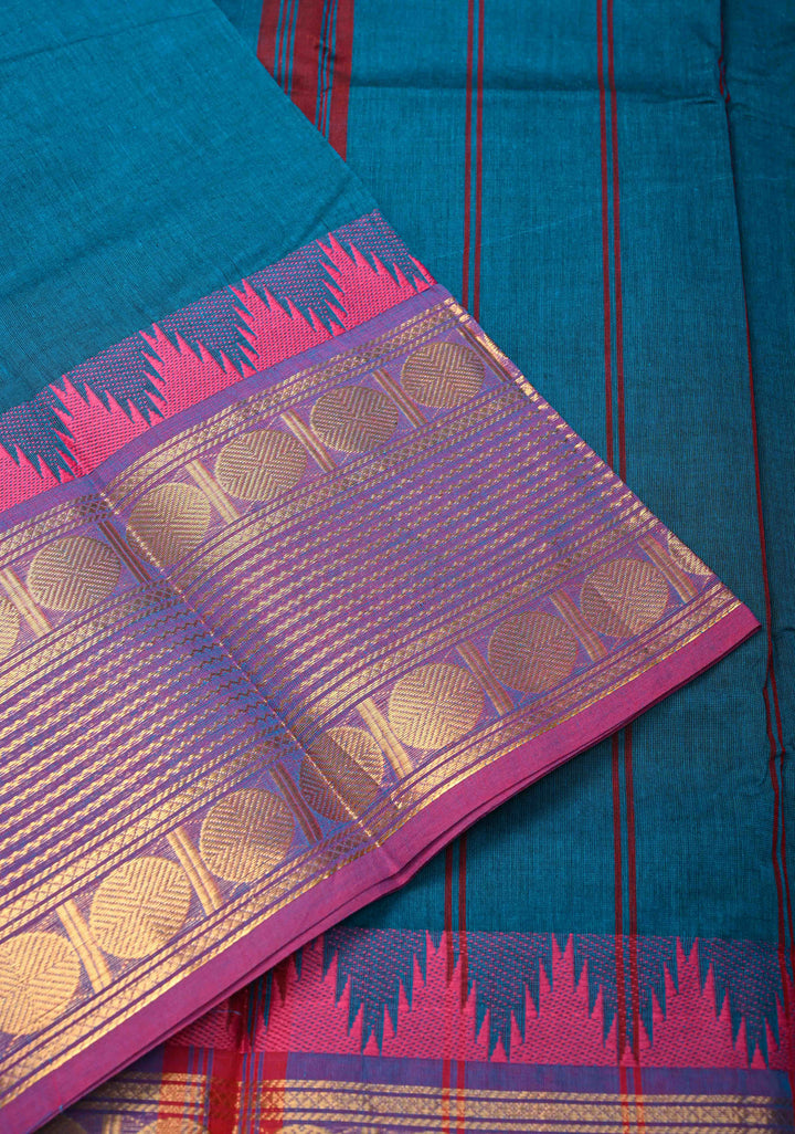 Teal Blue Kanchi Cotton Saree with Contrast Zari Border | No Blouse piece