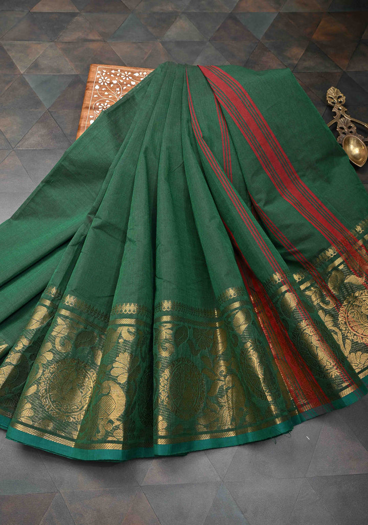 Hunter green Kanchi Cotton Saree with peacock Mandala And floral Zari border , No Blouse piece