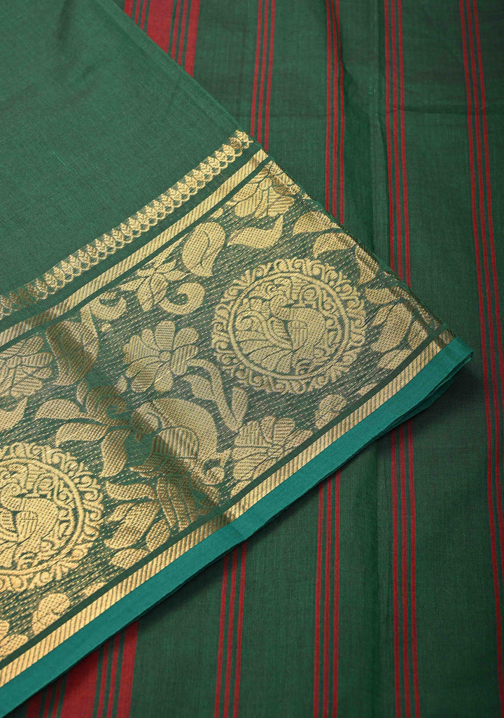 Hunter green Kanchi Cotton Saree with peacock Mandala And floral Zari border , No Blouse piece