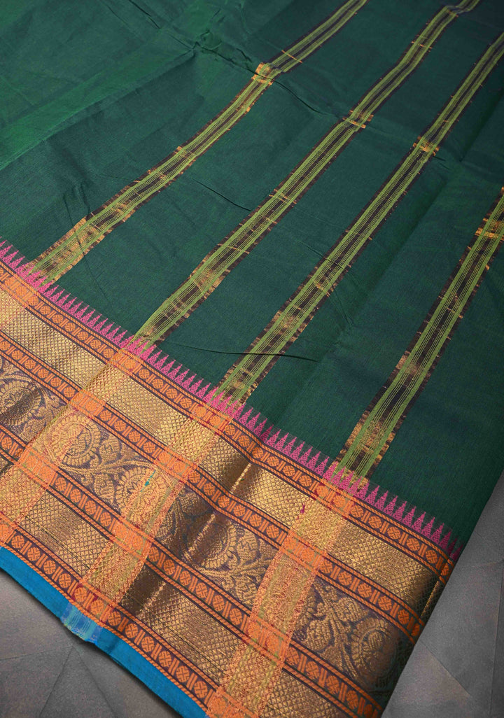 Bottle Green Kanchi Cotton Saree With Zari borders | No Blouse piece