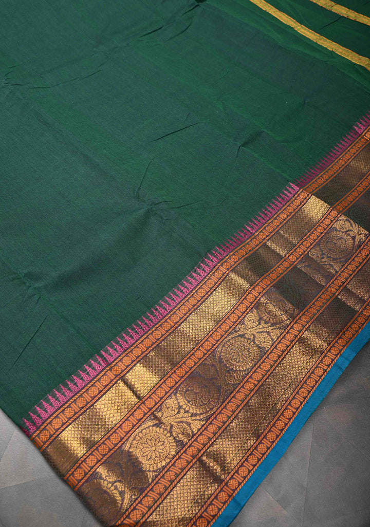 Bottle Green Kanchi Cotton Saree With Zari borders | No Blouse piece
