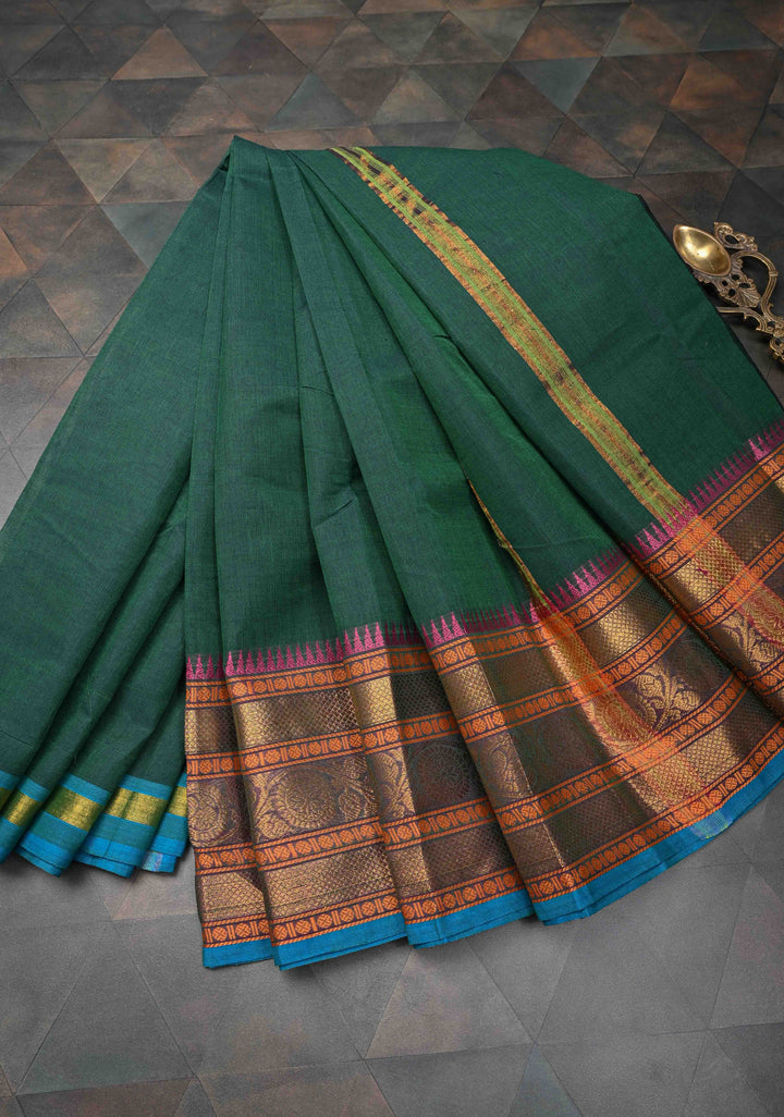 Bottle Green Kanchi Cotton Saree With Zari borders | No Blouse piece