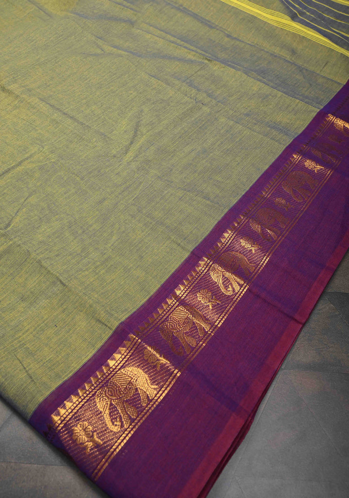 Green Kanchi Cotton Saree With Zari borders | No Blouse piece