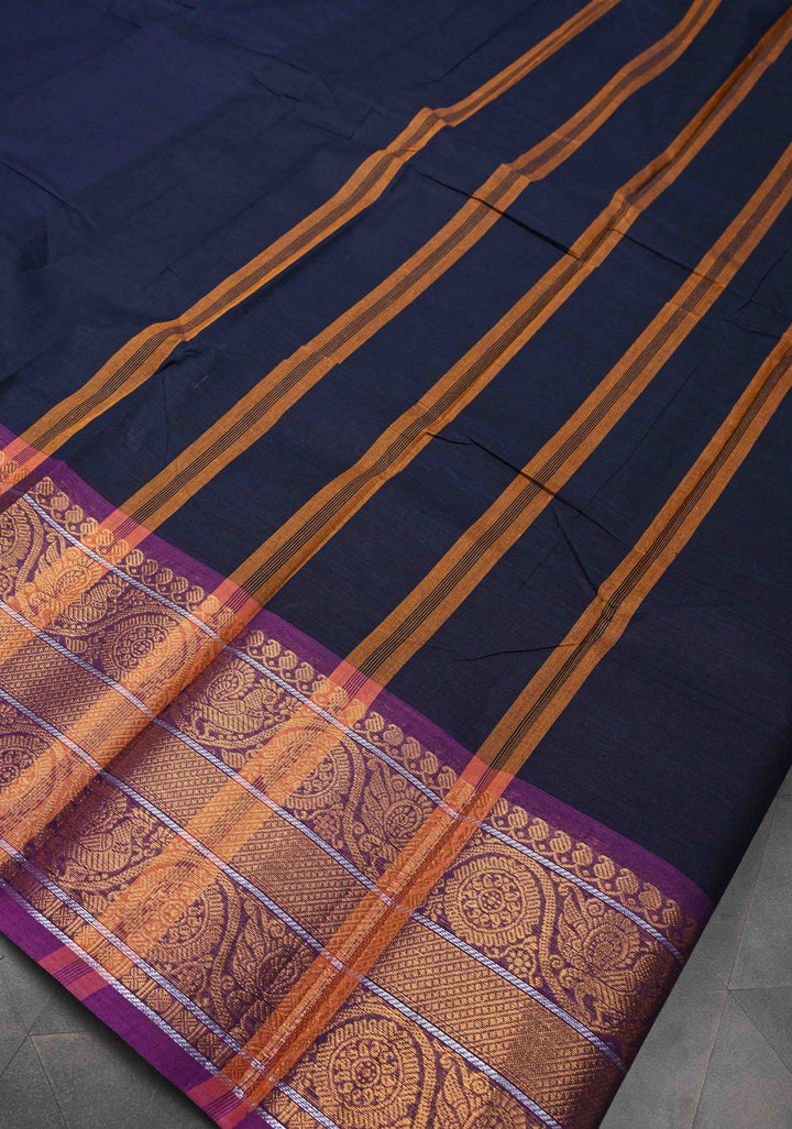 Midnight Blue Kanchi Cotton Saree with Contrast Zari Border, No Blouse piece