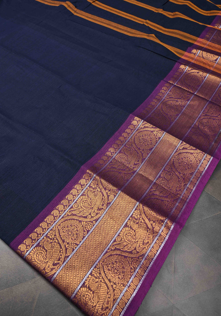 Midnight Blue Kanchi Cotton Saree with Contrast Zari Border, No Blouse piece