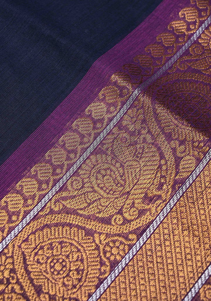 Midnight Blue Kanchi Cotton Saree with Contrast Zari Border, No Blouse piece
