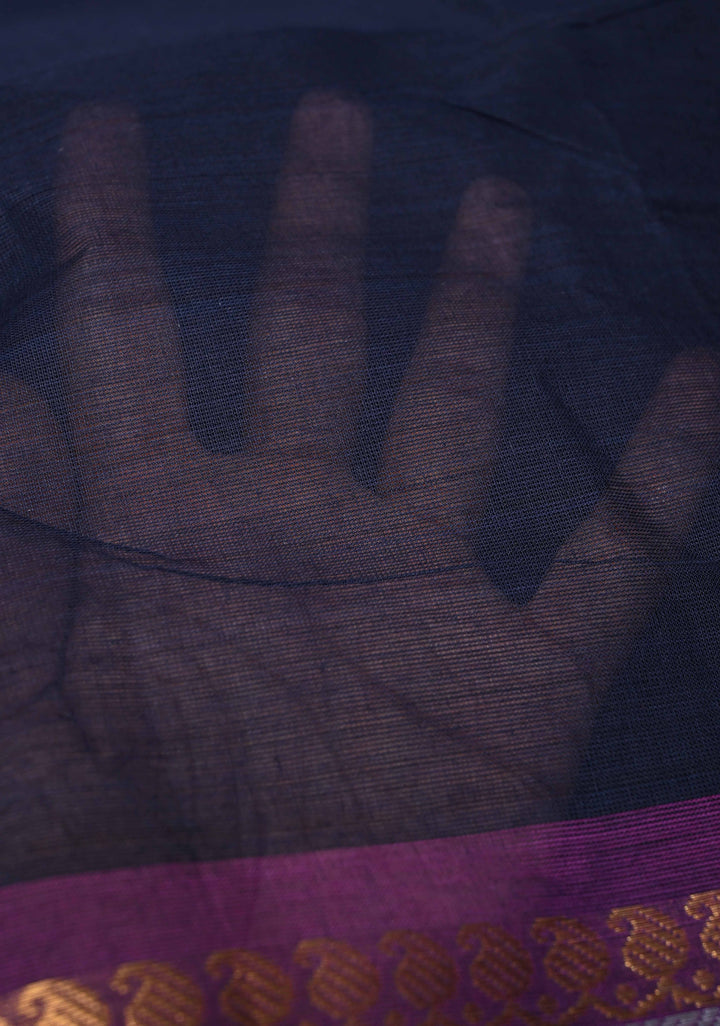 Midnight Blue Kanchi Cotton Saree with Contrast Zari Border, No Blouse piece