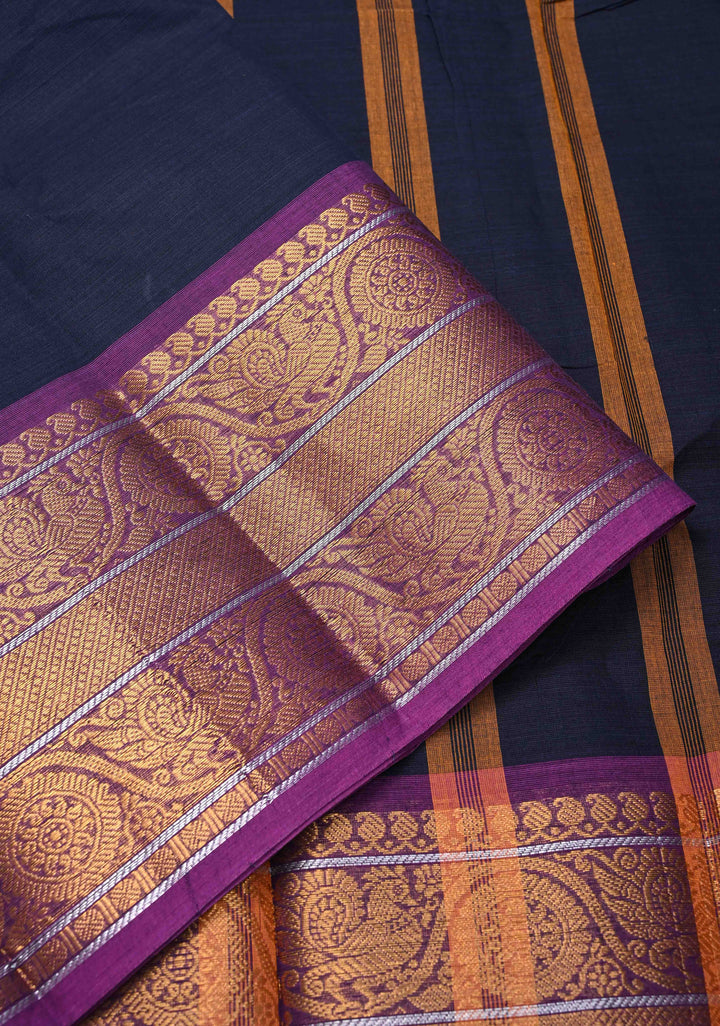 Midnight Blue Kanchi Cotton Saree with Contrast Zari Border, No Blouse piece