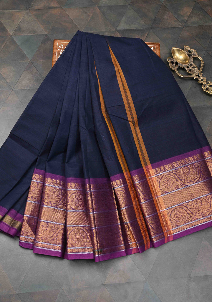 Midnight Blue Kanchi Cotton Saree with Contrast Zari Border, No Blouse piece
