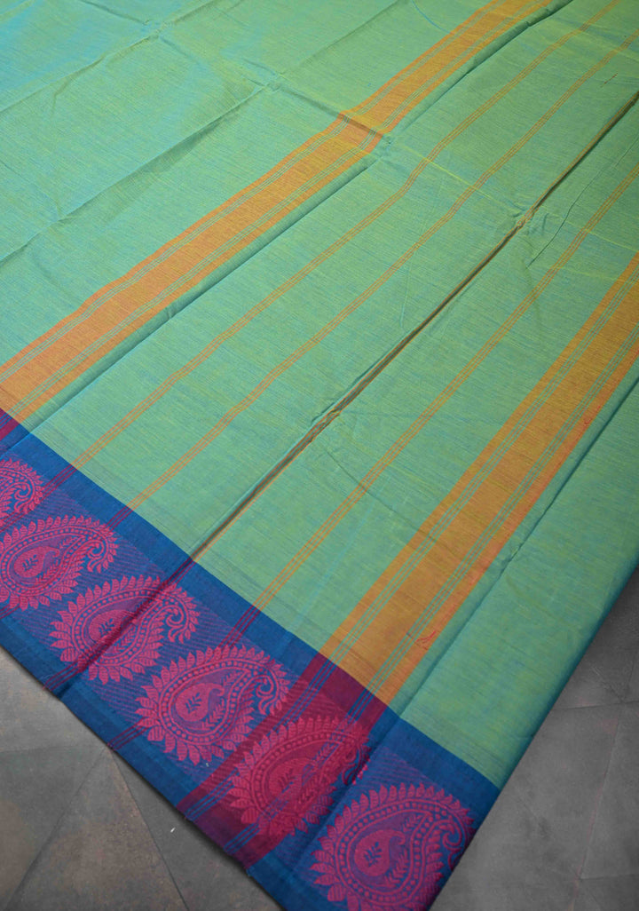 Sea Green Kanchi Cotton Saree with Contrast Resham Paisley Motifs on Border, No Blouse piece