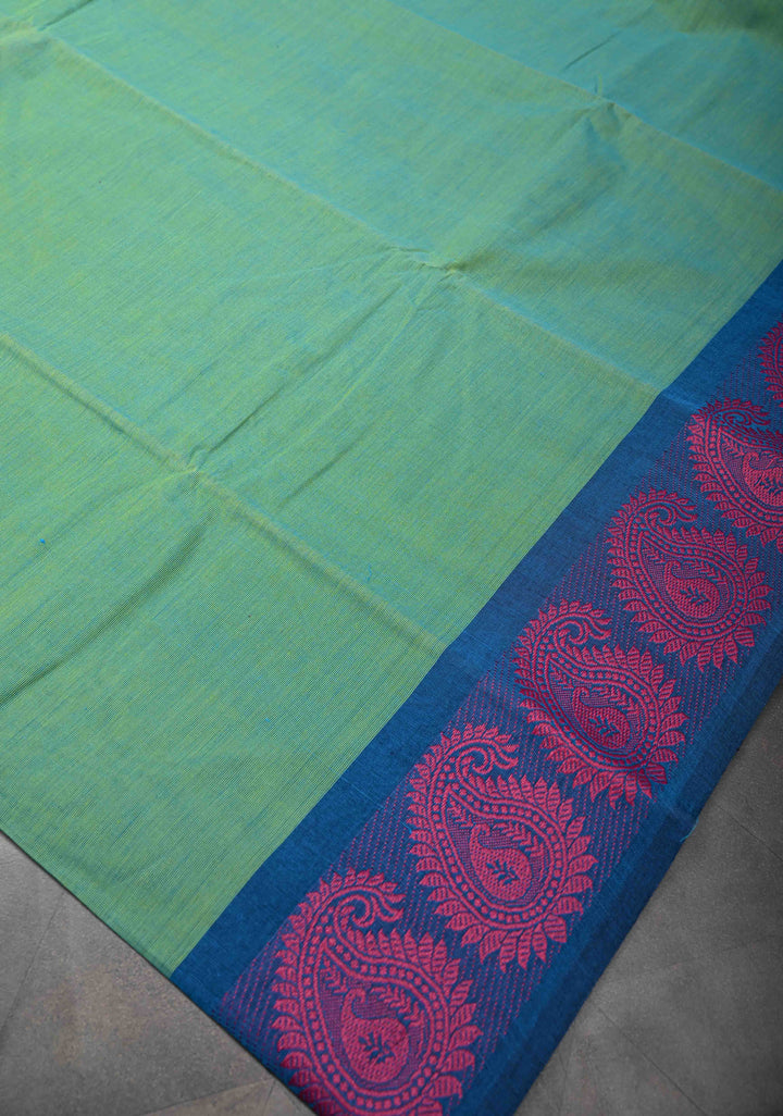 Sea Green Kanchi Cotton Saree with Contrast Resham Paisley Motifs on Border, No Blouse piece