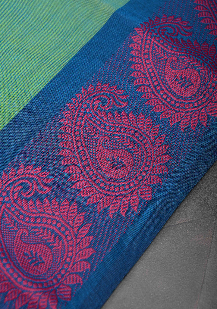 Sea Green Kanchi Cotton Saree with Contrast Resham Paisley Motifs on Border, No Blouse piece