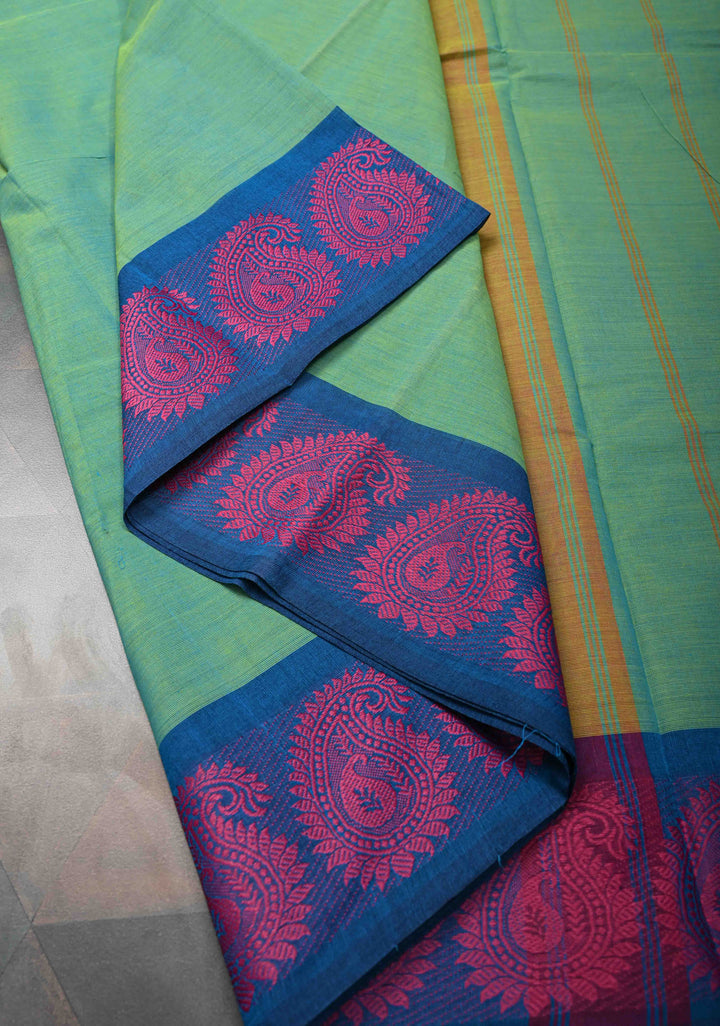 Sea Green Kanchi Cotton Saree with Contrast Resham Paisley Motifs on Border, No Blouse piece
