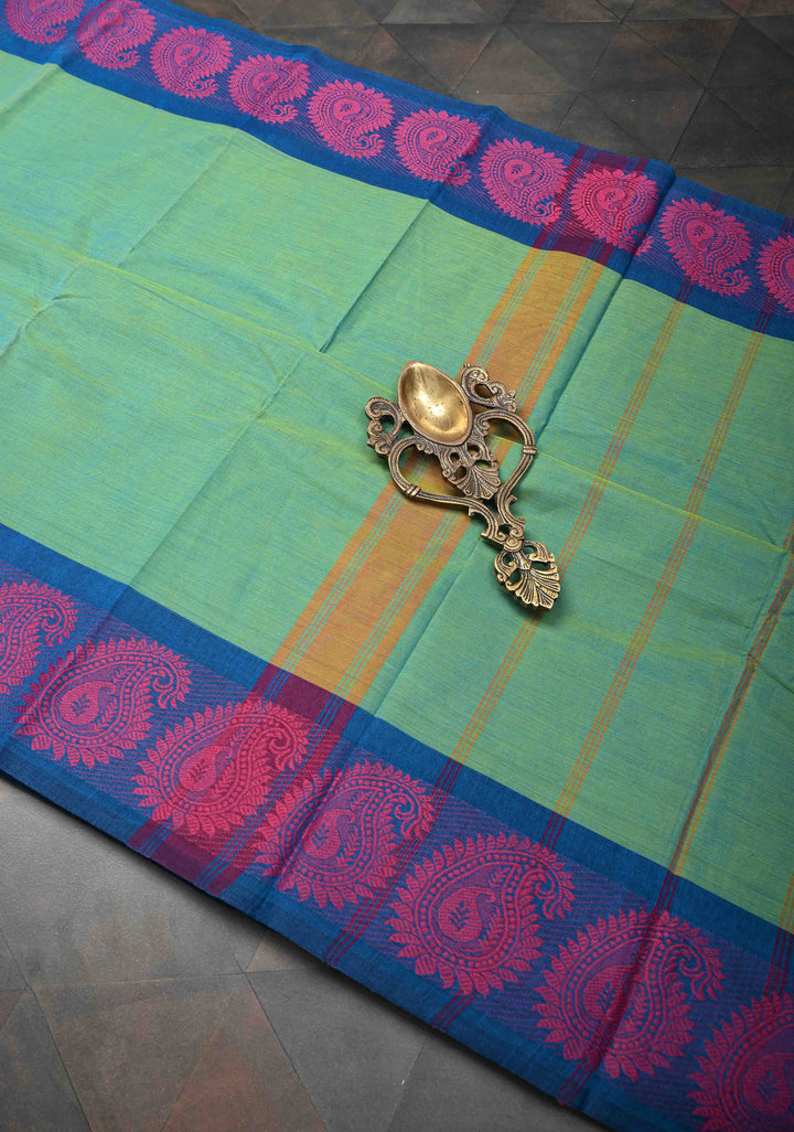 Sea Green Kanchi Cotton Saree with Contrast Resham Paisley Motifs on Border, No Blouse piece