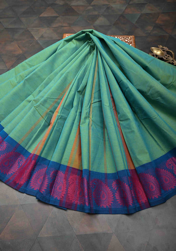 Sea Green Kanchi Cotton Saree with Contrast Resham Paisley Motifs on Border, No Blouse piece