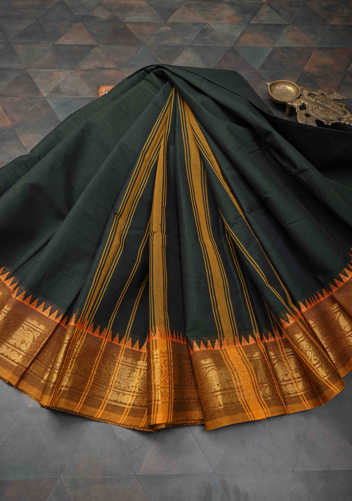 Bottle Green Kanchi Cotton Saree with Contrast Zari Border | No Blouse piece