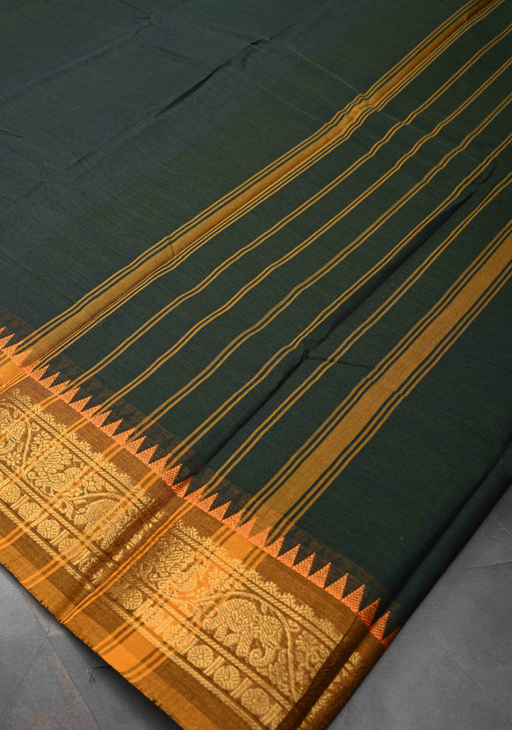 Bottle Green Kanchi Cotton Saree with Contrast Zari Border | No Blouse piece