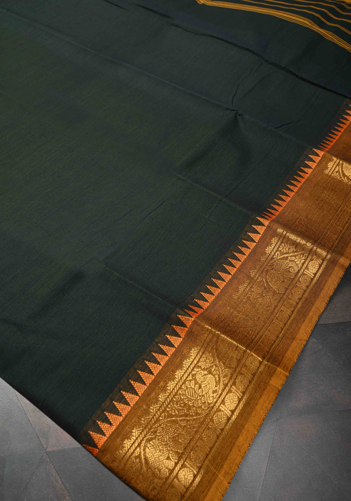 Bottle Green Kanchi Cotton Saree with Contrast Zari Border | No Blouse piece