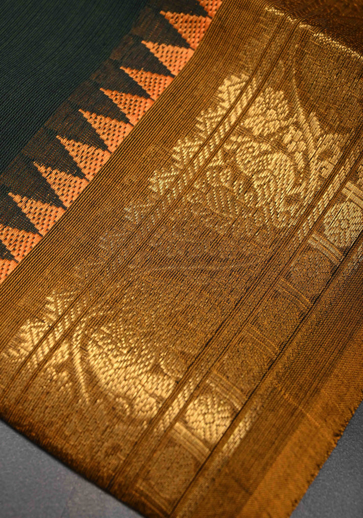 Bottle Green Kanchi Cotton Saree with Contrast Zari Border | No Blouse piece