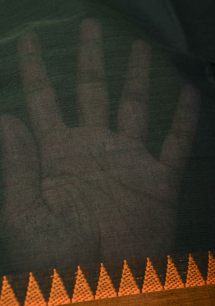 Bottle Green Kanchi Cotton Saree with Contrast Zari Border | No Blouse piece