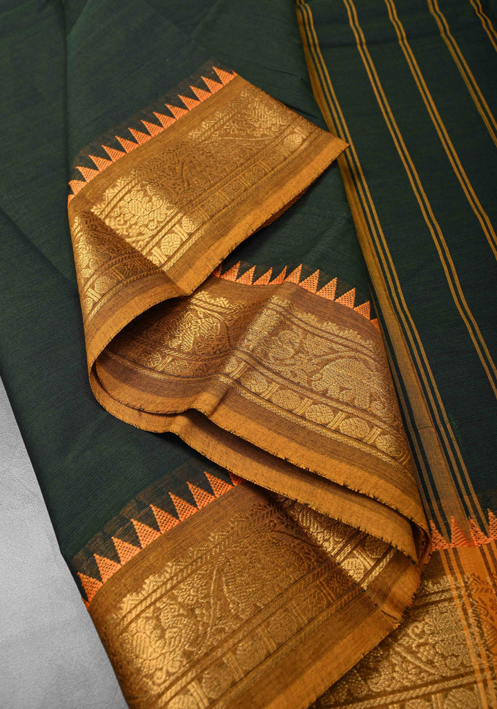 Bottle Green Kanchi Cotton Saree with Contrast Zari Border | No Blouse piece