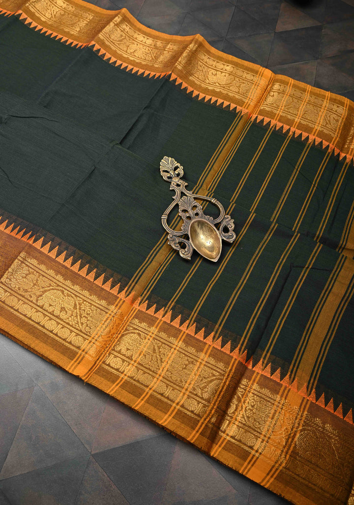 Bottle Green Kanchi Cotton Saree with Contrast Zari Border | No Blouse piece