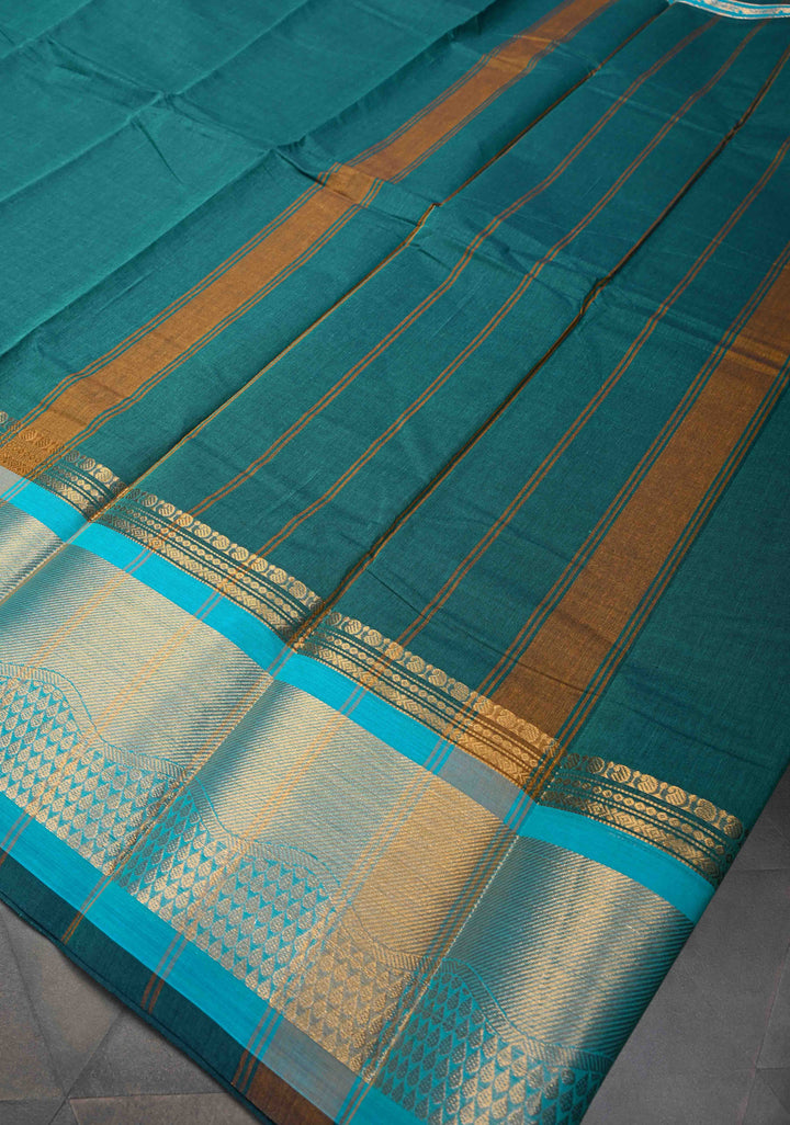 Rama Green Kanchi Cotton Saree with Zari Border | No Blouse piece