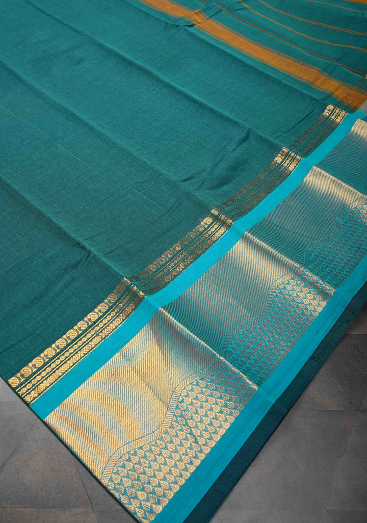 Rama Green Kanchi Cotton Saree with Zari Border | No Blouse piece