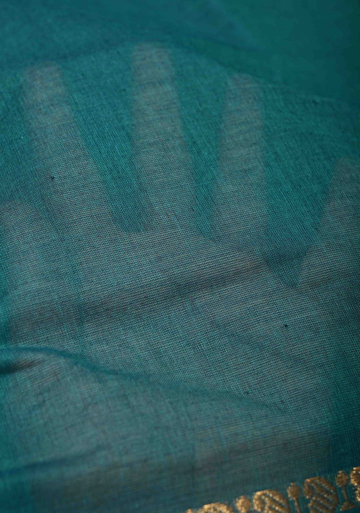 Rama Green Kanchi Cotton Saree with Zari Border | No Blouse piece