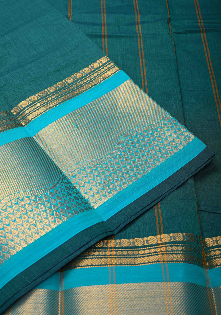 Rama Green Kanchi Cotton Saree with Zari Border | No Blouse piece