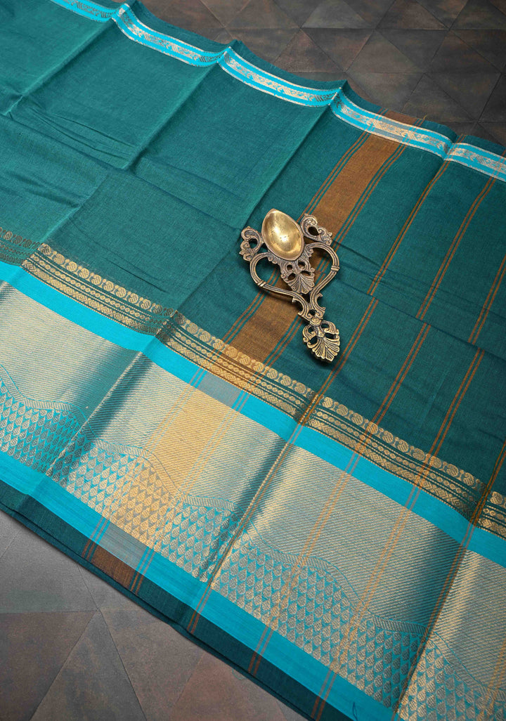 Rama Green Kanchi Cotton Saree with Zari Border | No Blouse piece