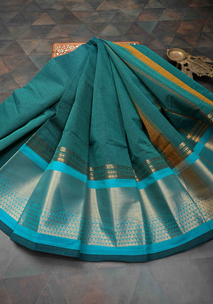 Rama Green Kanchi Cotton Saree with Zari Border | No Blouse piece