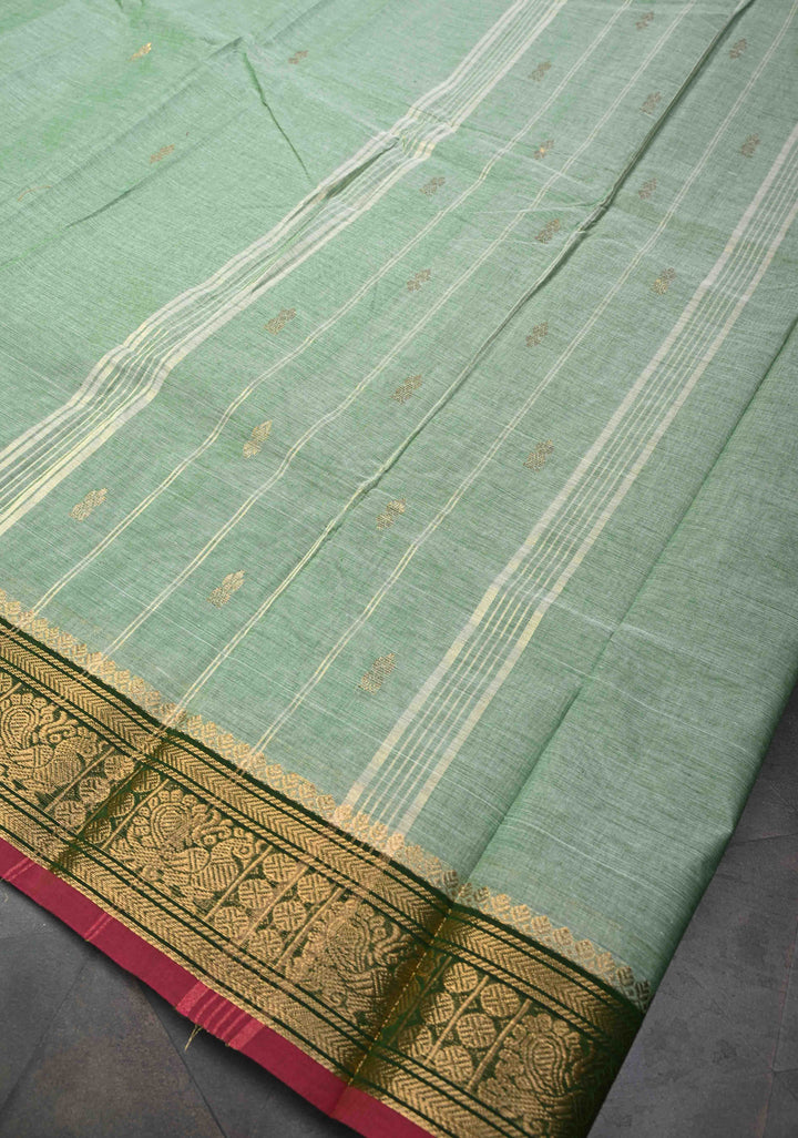 Light Green Kanchi Cotton Saree with Zari Buttas And Contrast Zari Border | No Blouse piece