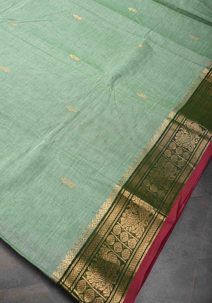 Light Green Kanchi Cotton Saree with Zari Buttas And Contrast Zari Border | No Blouse piece