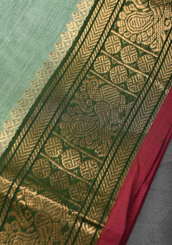 Light Green Kanchi Cotton Saree with Zari Buttas And Contrast Zari Border | No Blouse piece