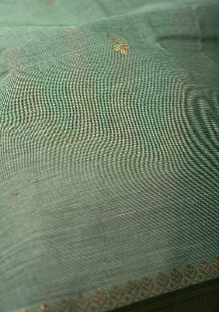 Light Green Kanchi Cotton Saree with Zari Buttas And Contrast Zari Border | No Blouse piece