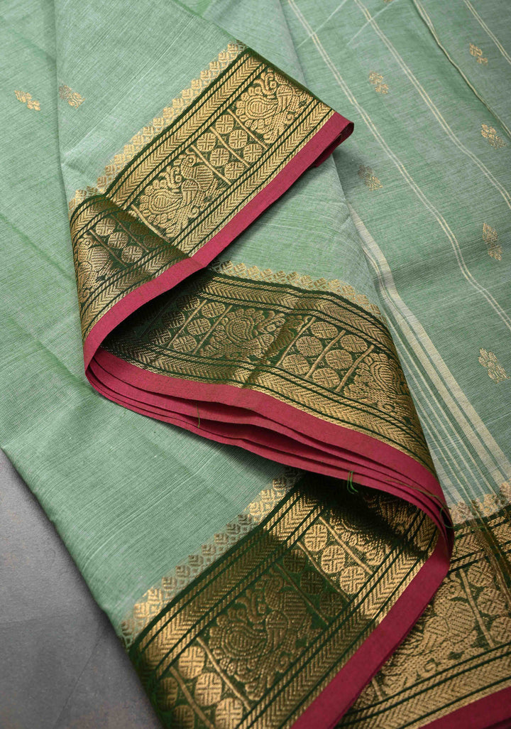 Light Green Kanchi Cotton Saree with Zari Buttas And Contrast Zari Border | No Blouse piece