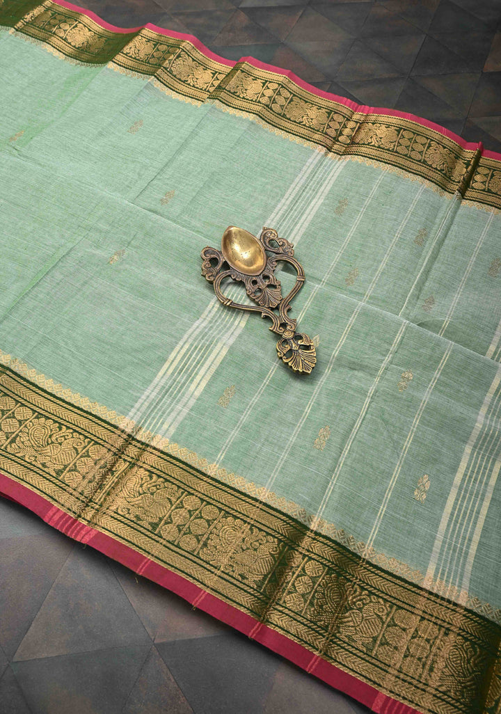 Light Green Kanchi Cotton Saree with Zari Buttas And Contrast Zari Border | No Blouse piece