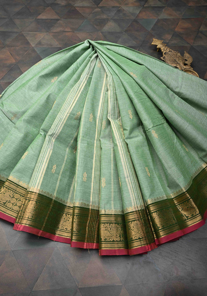 Light Green Kanchi Cotton Saree with Zari Buttas And Contrast Zari Border | No Blouse piece