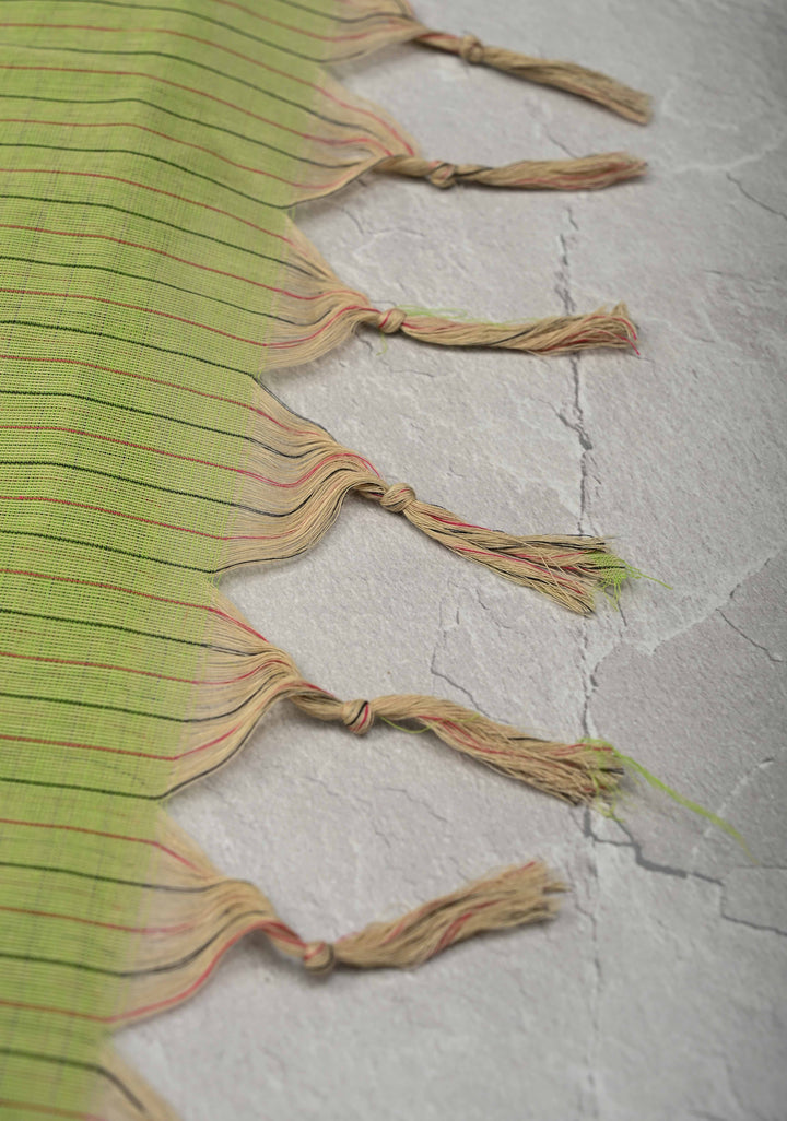 Pista Green Cotton Saree with Checks Pattern and Ganga Jamuna Border, No Blouse piece