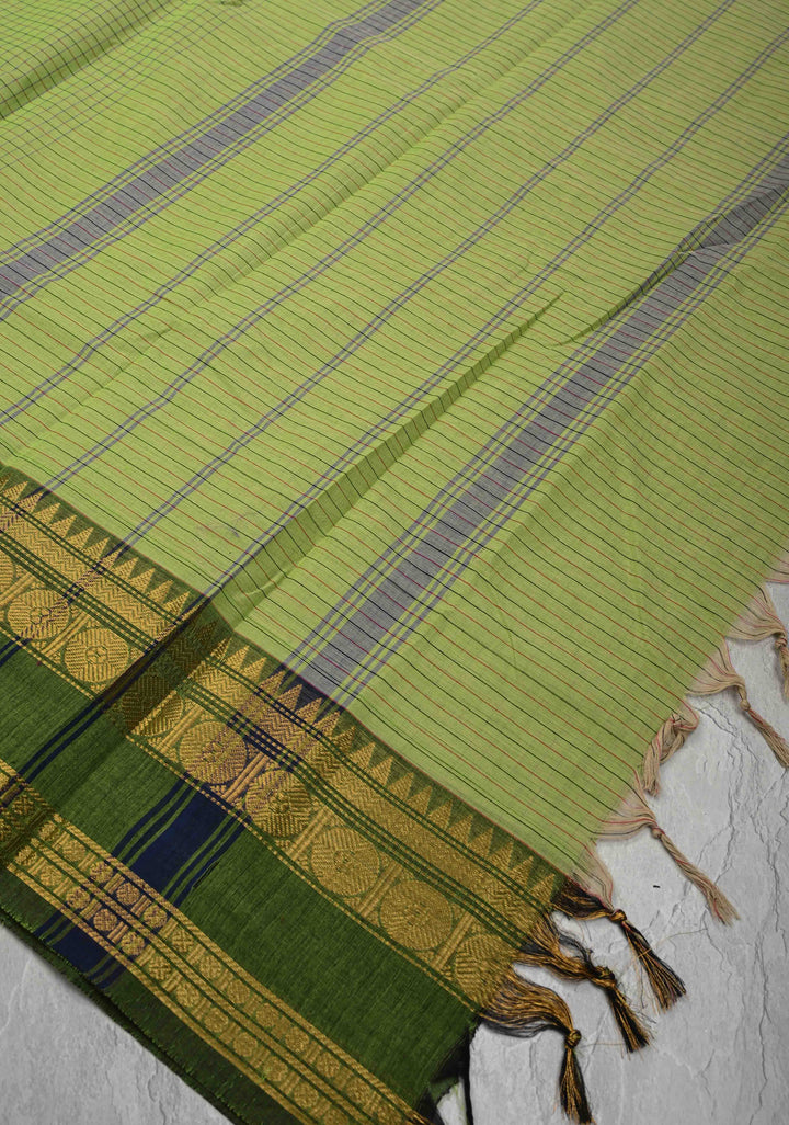 Pista Green Cotton Saree with Checks Pattern and Ganga Jamuna Border, No Blouse piece